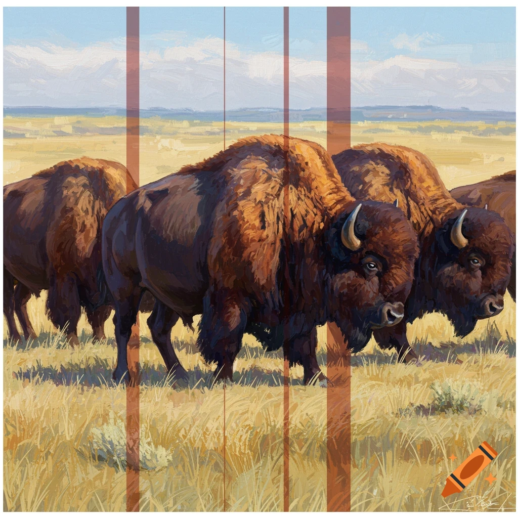 Impressionistic painting of several bison standing in a grassy field under a wide sky, with vertical color bands.