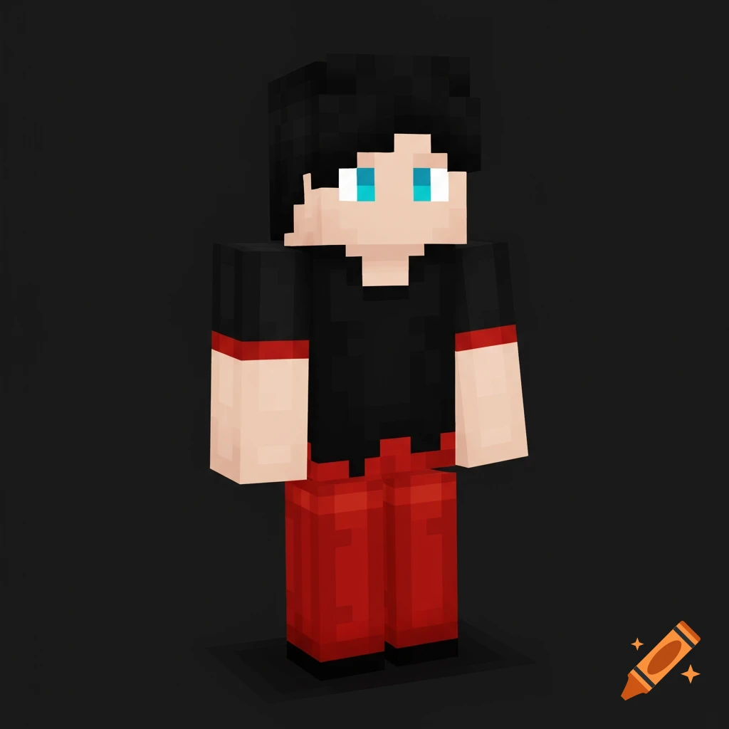 A pixel art Minecraft character with black hair, blue eyes, wearing a black shirt with red cuffs and red pants on a dark background.