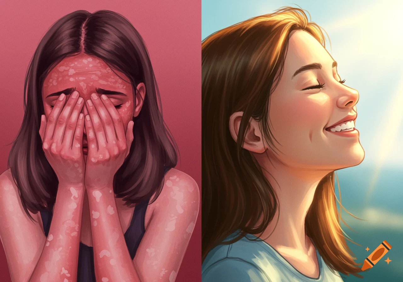 An illustration contrasting emotions, with a sad girl covering her face due to a skin condition on one side and a happy girl smiling towards the sun on the other.