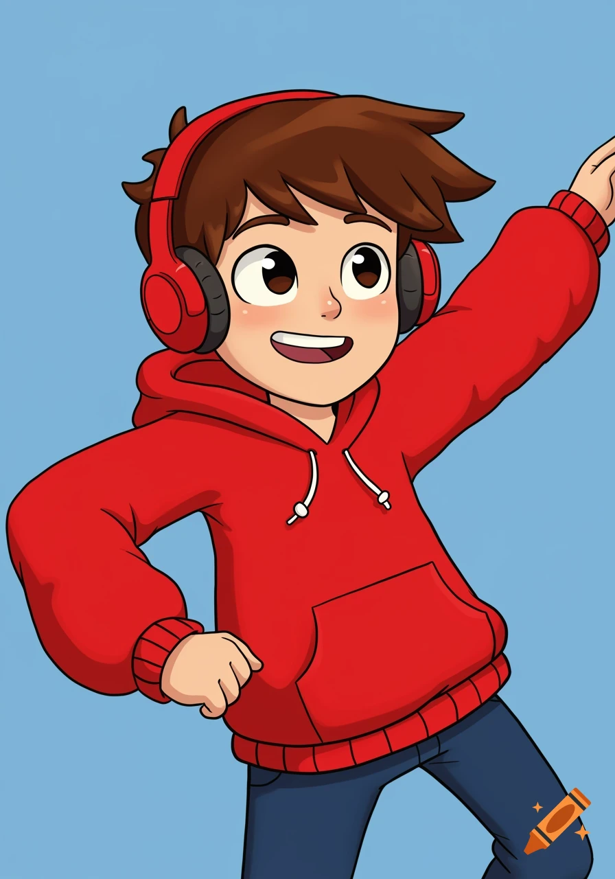 A smiling cartoon boy with brown hair, red headphones, and a red hoodie, raising his arm.