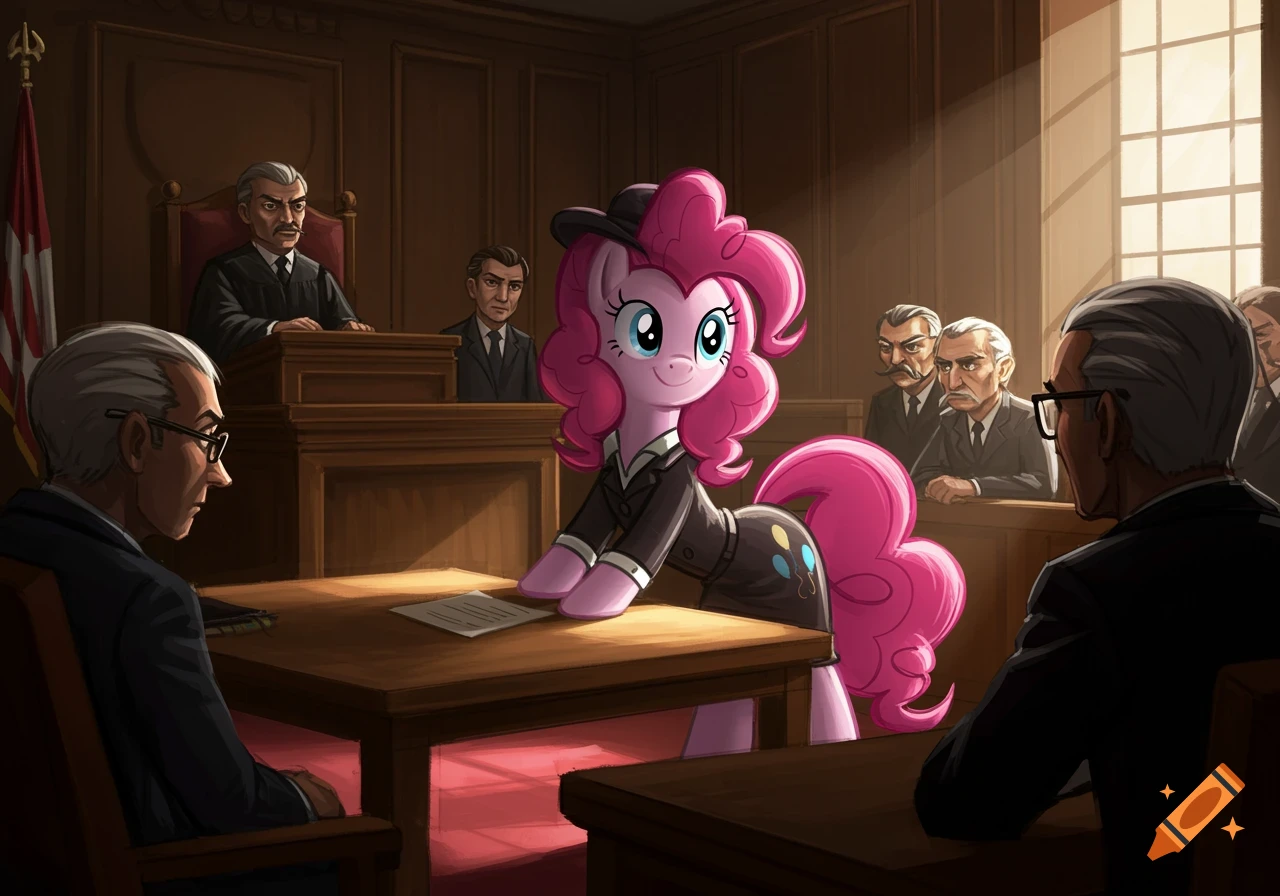 Pinkie Pie from My Little Pony stands on a table in a courtroom, wearing a black suit and hat, while several men in suits look on.