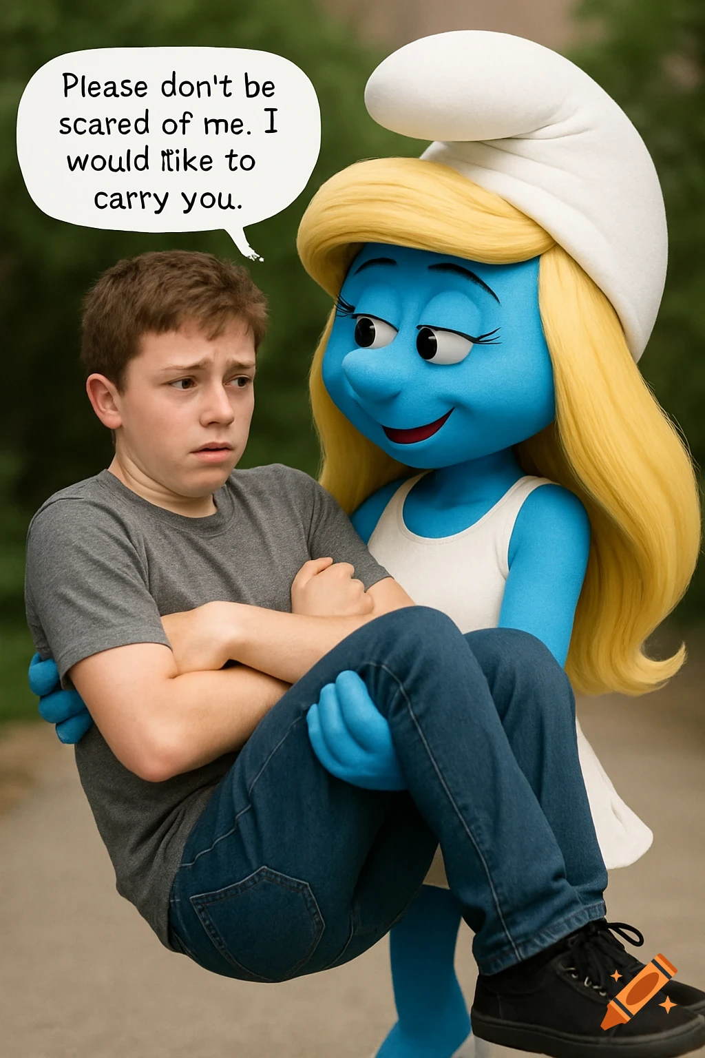 A scared teenage boy is carried by a smiling Smurfette, who says, "Please don't be scared of me. I would like to carry you."