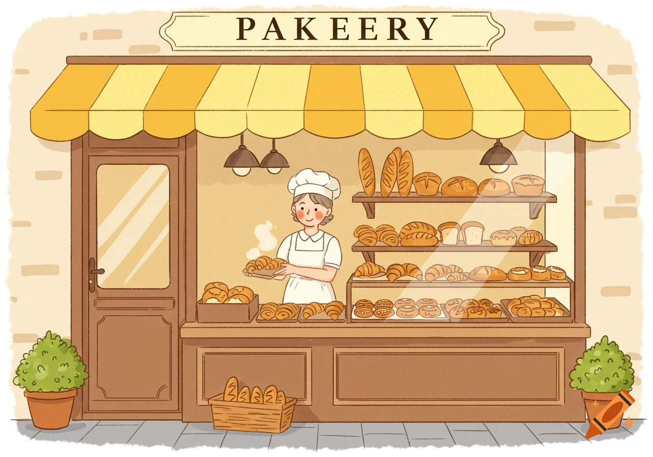A charming illustration of a bakery with a female baker holding a tray of pastries, surrounded by various breads and baked goods on display.