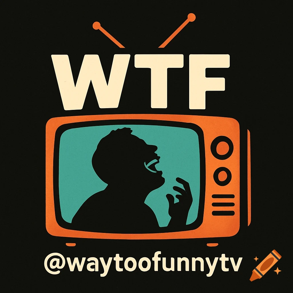 A logo with white 'WTF' text above an orange retro TV, showing a black silhouette of a person laughing hysterically, and '@waytoofunnytv' below.