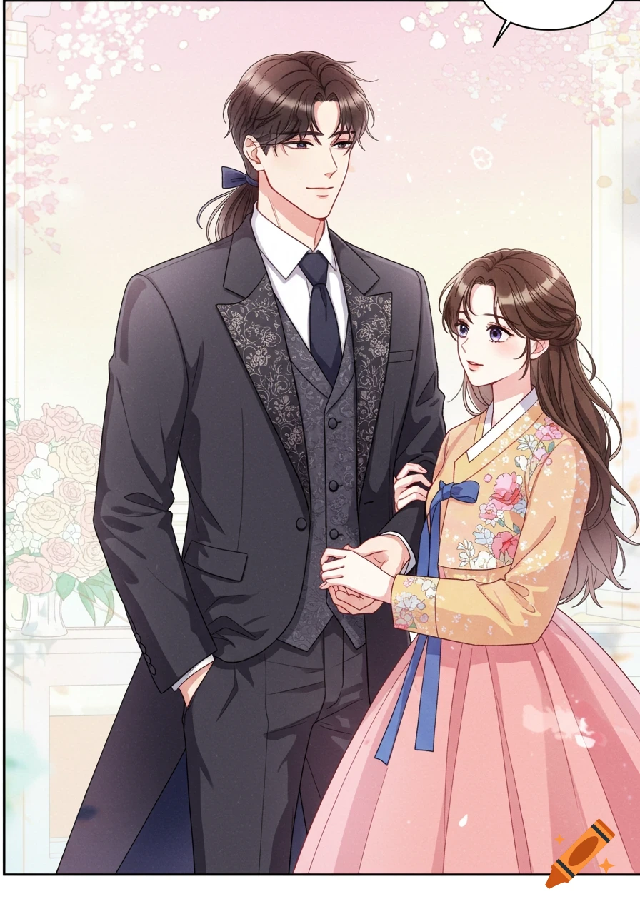 A man in a dark suit with a ponytail and a woman in a yellow and pink hanbok hold hands in a bright, decorated room, in manhwa style.
