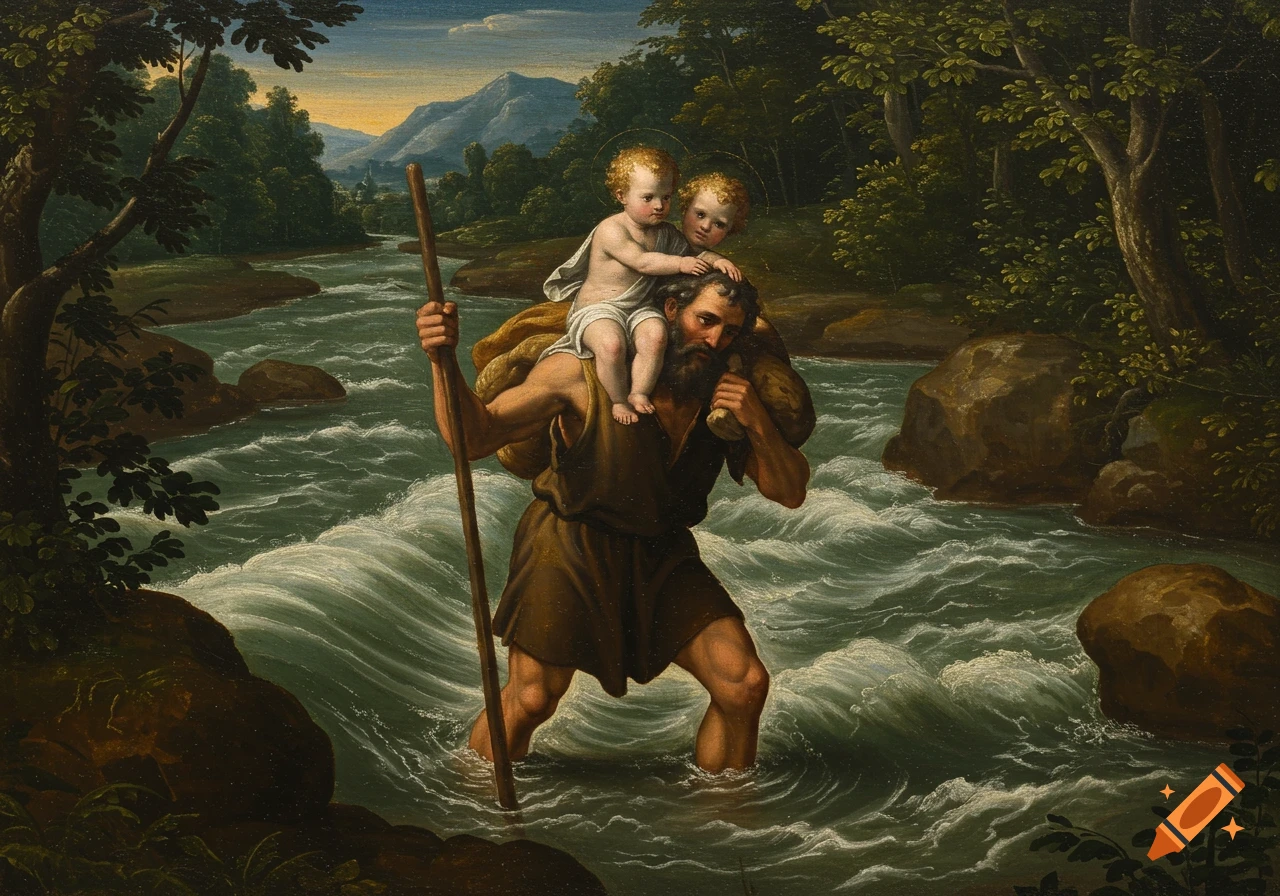 A classical painting depicts a bearded man, Saint Christopher, wading through a river while carrying two infants on his shoulders and holding a staff. Lush green trees and mountains frame the background.