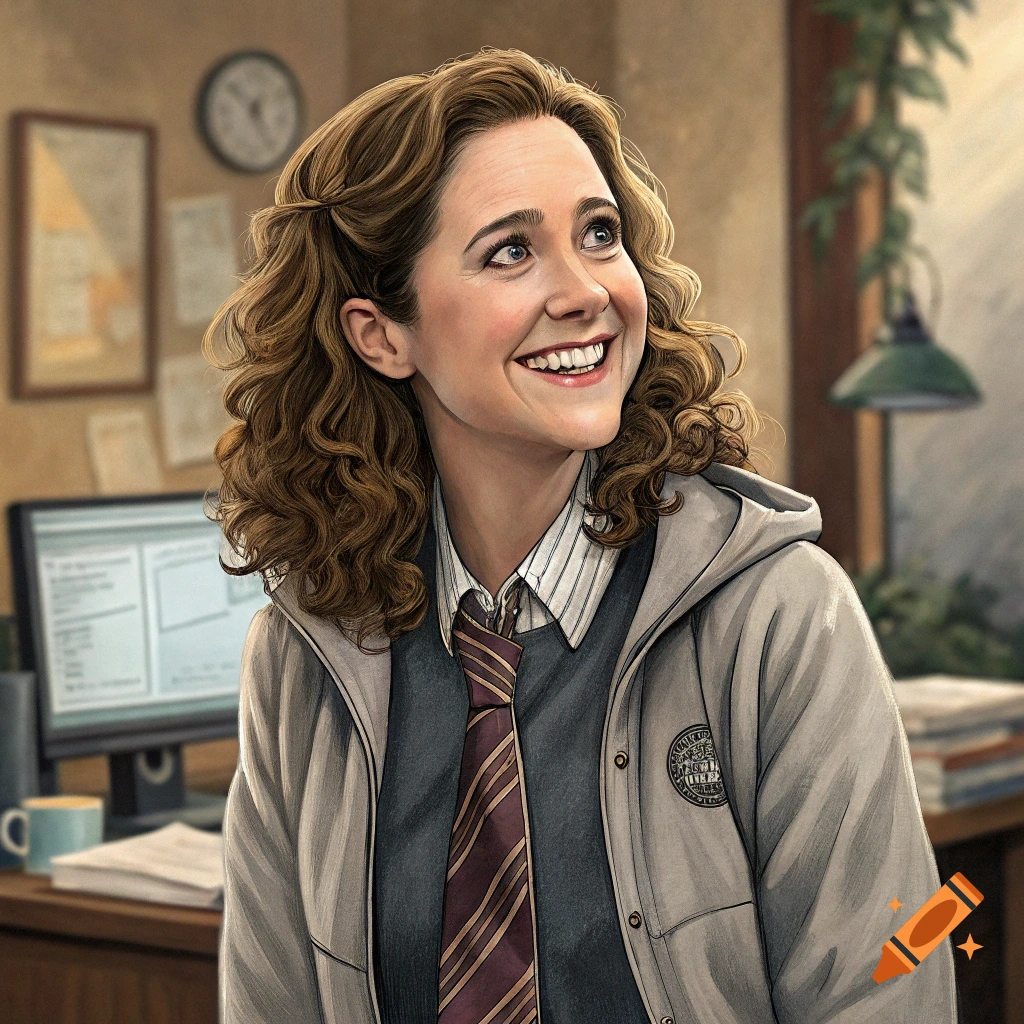 An illustrated portrait of a smiling woman with curly brown hair, wearing a striped shirt, tie, and hoodie, looking up and to the right in an office setting.