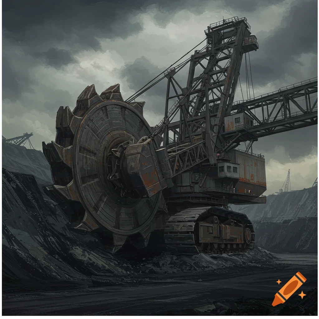 A large, rusty bucket wheel excavator operates in a dark, open-pit mine under a cloudy sky.