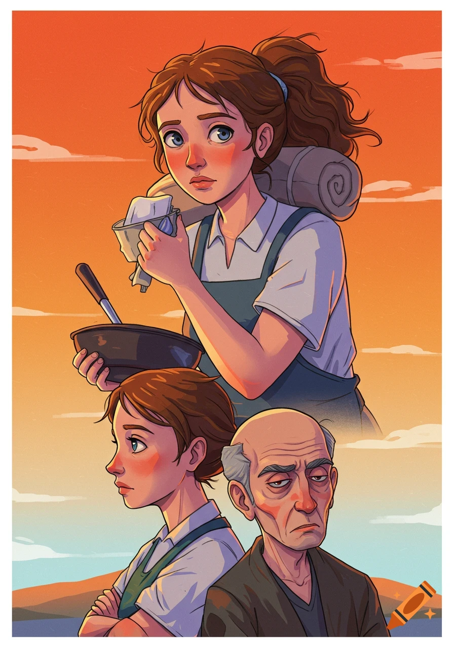 A cartoon illustration of three characters against a sunset sky. A young woman holds a pan and cup, another young woman stands with crossed arms, and an older man looks stern.