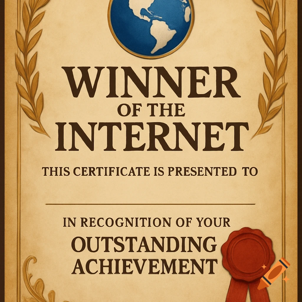A vintage-style certificate titled "WINNER OF THE INTERNET" with a globe emblem and a red wax seal.