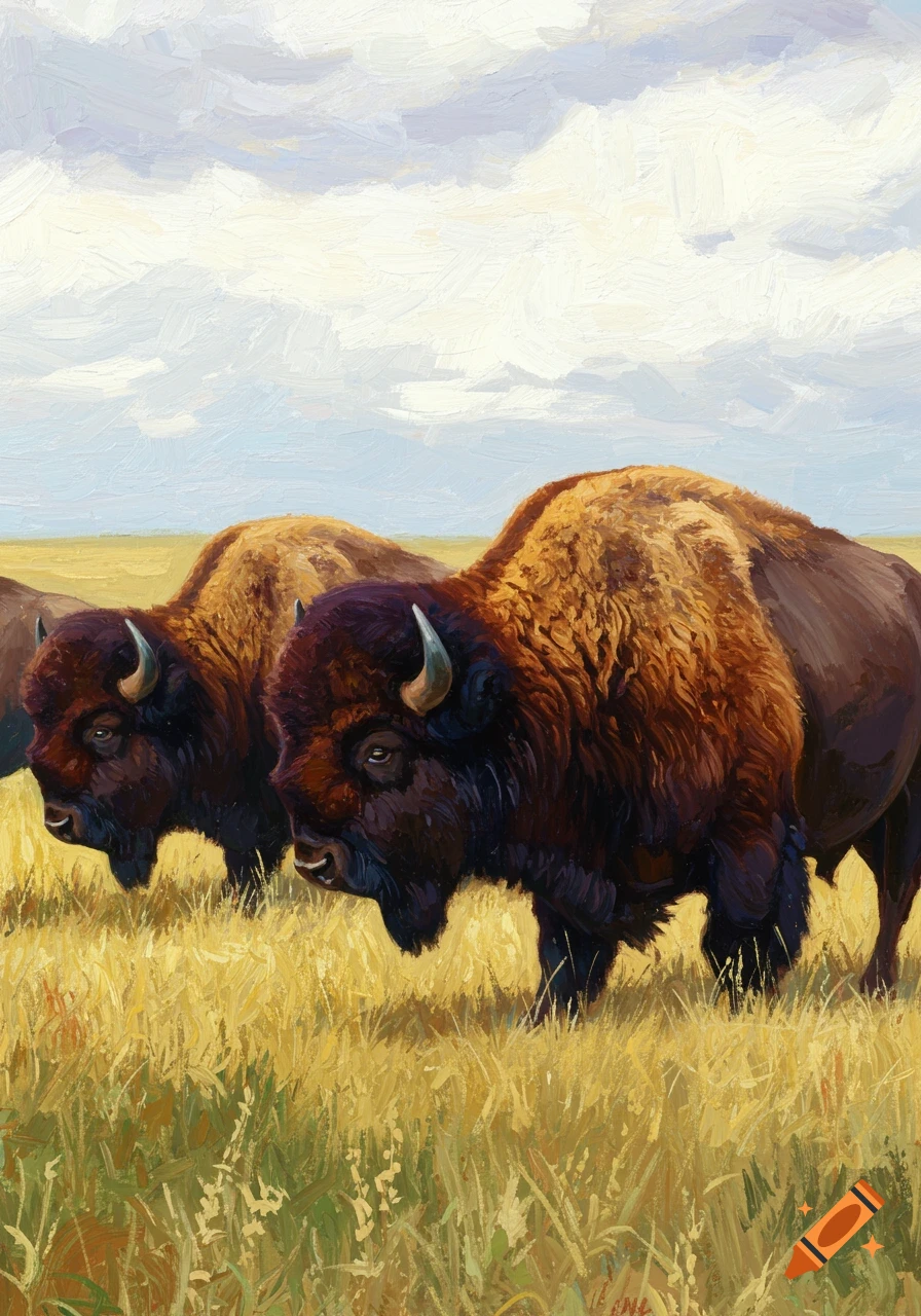 Impressionistic painting of several bison standing in a golden grassy field under a cloudy sky.