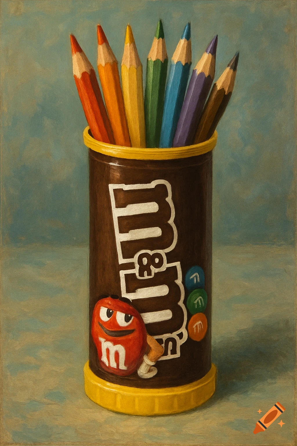 A painted still life of colorful pencils standing upright in a brown M&M's container, with the red M&M character on the front.