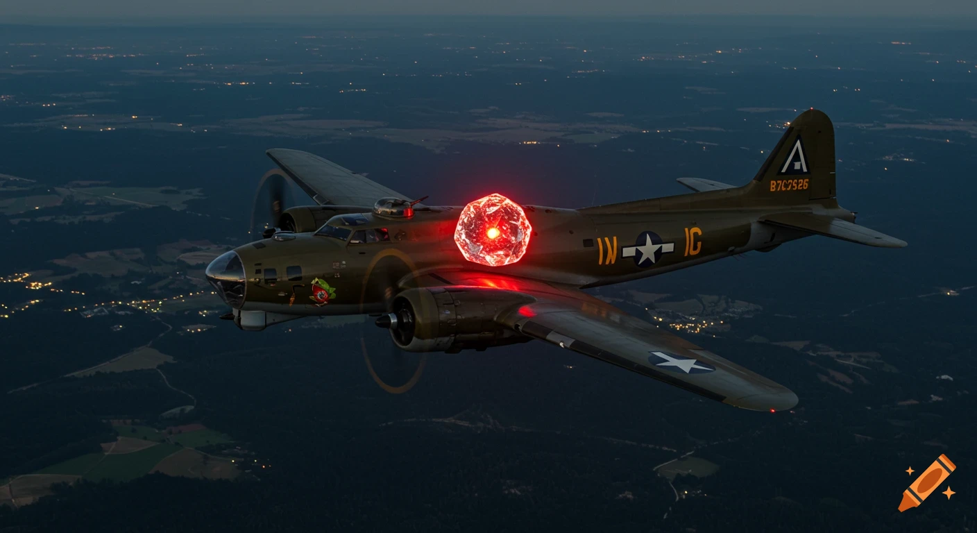 Photorealistic World War II B-17 bomber flying at night, a glowing red crystal emanating light from its right wing, over a dark landscape with scattered city lights.