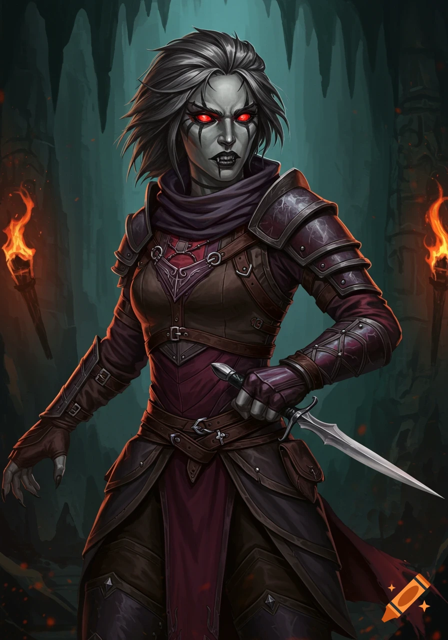 A grey-skinned female fantasy rogue with glowing red eyes and fangs, wearing dark armor and holding a dagger in a cavern.