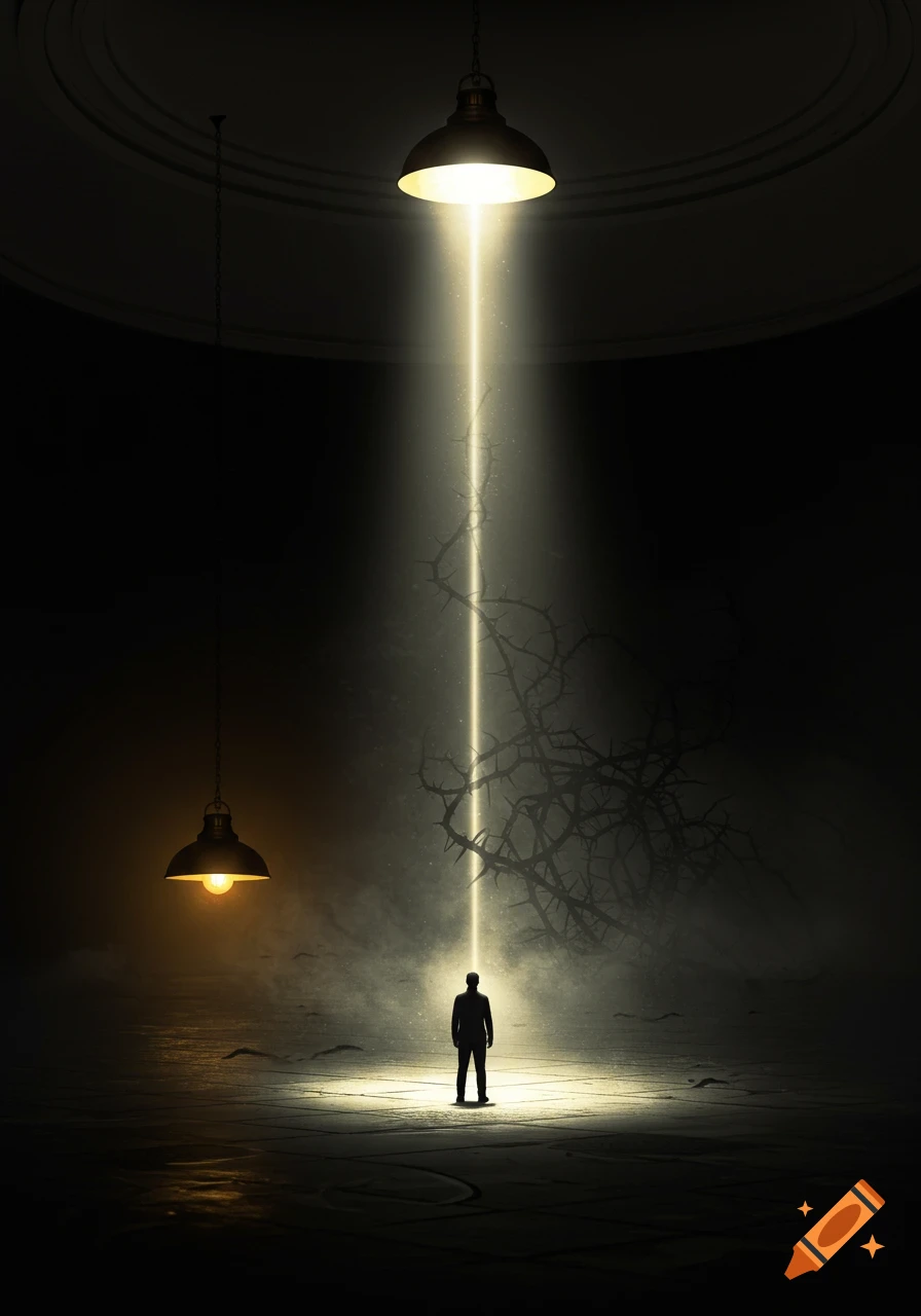 A lone silhouetted person stands under a bright beam of light from a hanging lamp in a dark, symbolic space with thorny branches and a dim lamp.