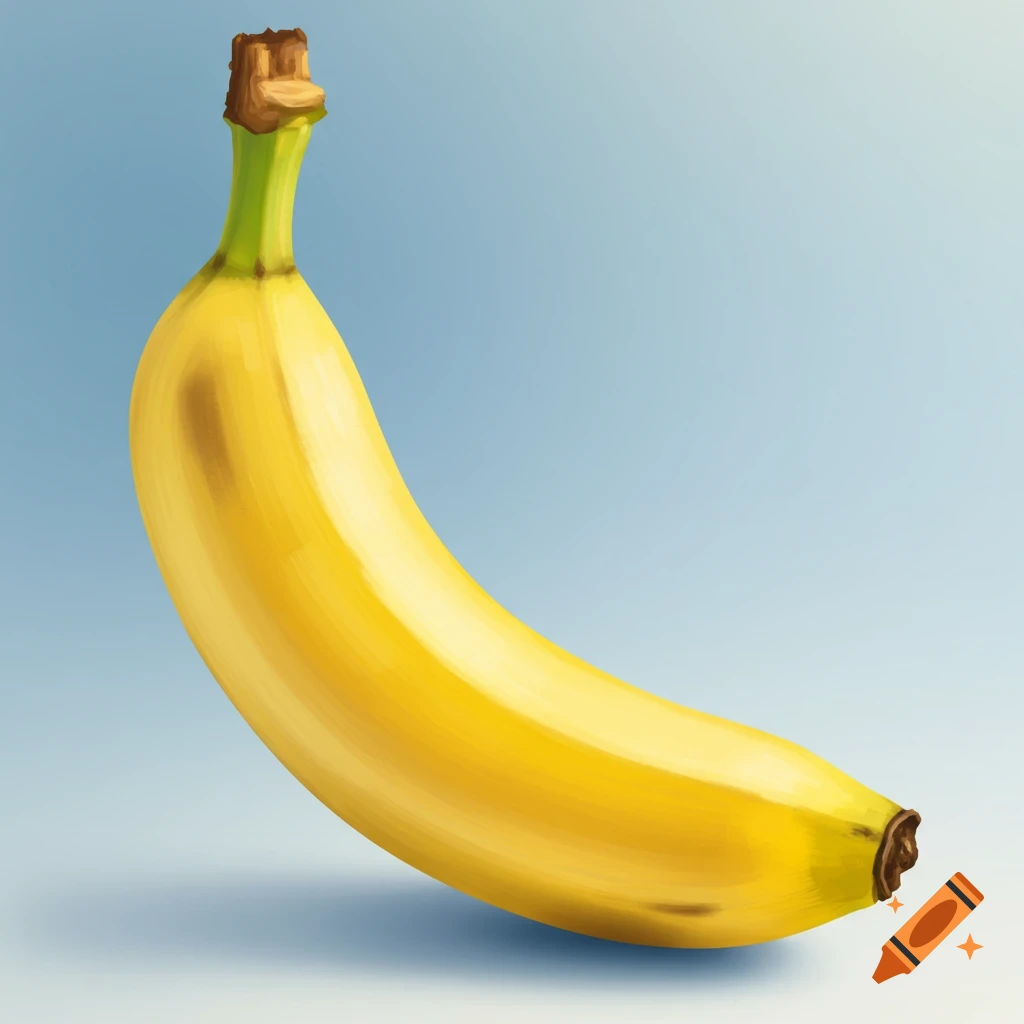 A vibrant yellow banana with a green stem and brown tip rests against a light blue background, rendered in a digital painting style.