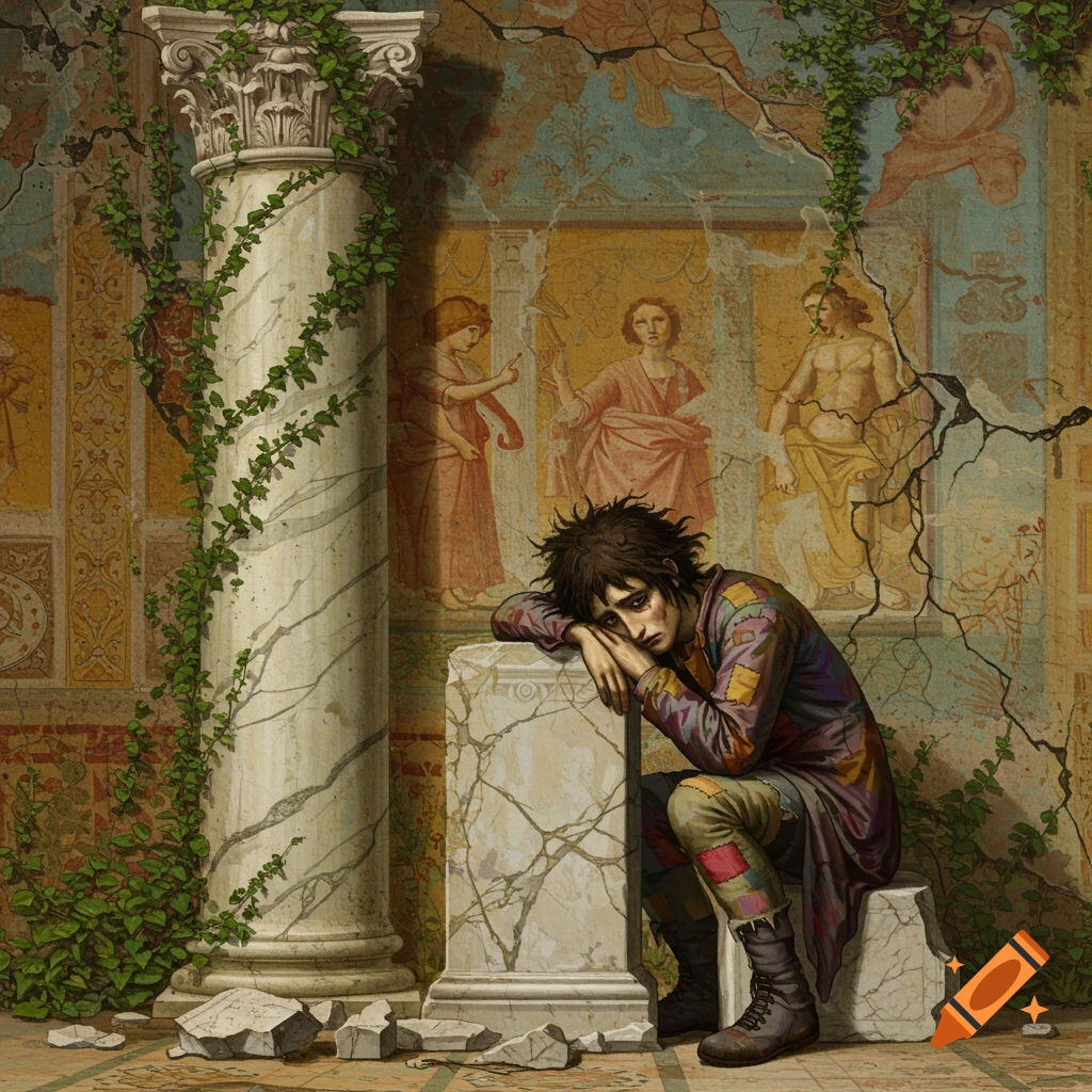 A melancholic man with messy hair leans on a broken stone pedestal in ancient ruins with ivy-covered columns and faded frescoes.