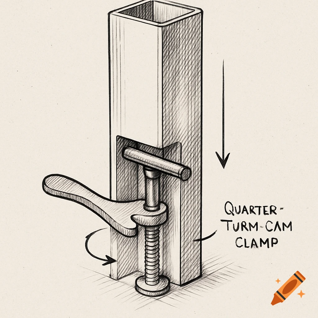 A technical sketch illustrating a quarter-turn cam clamp mechanism on a steel post.