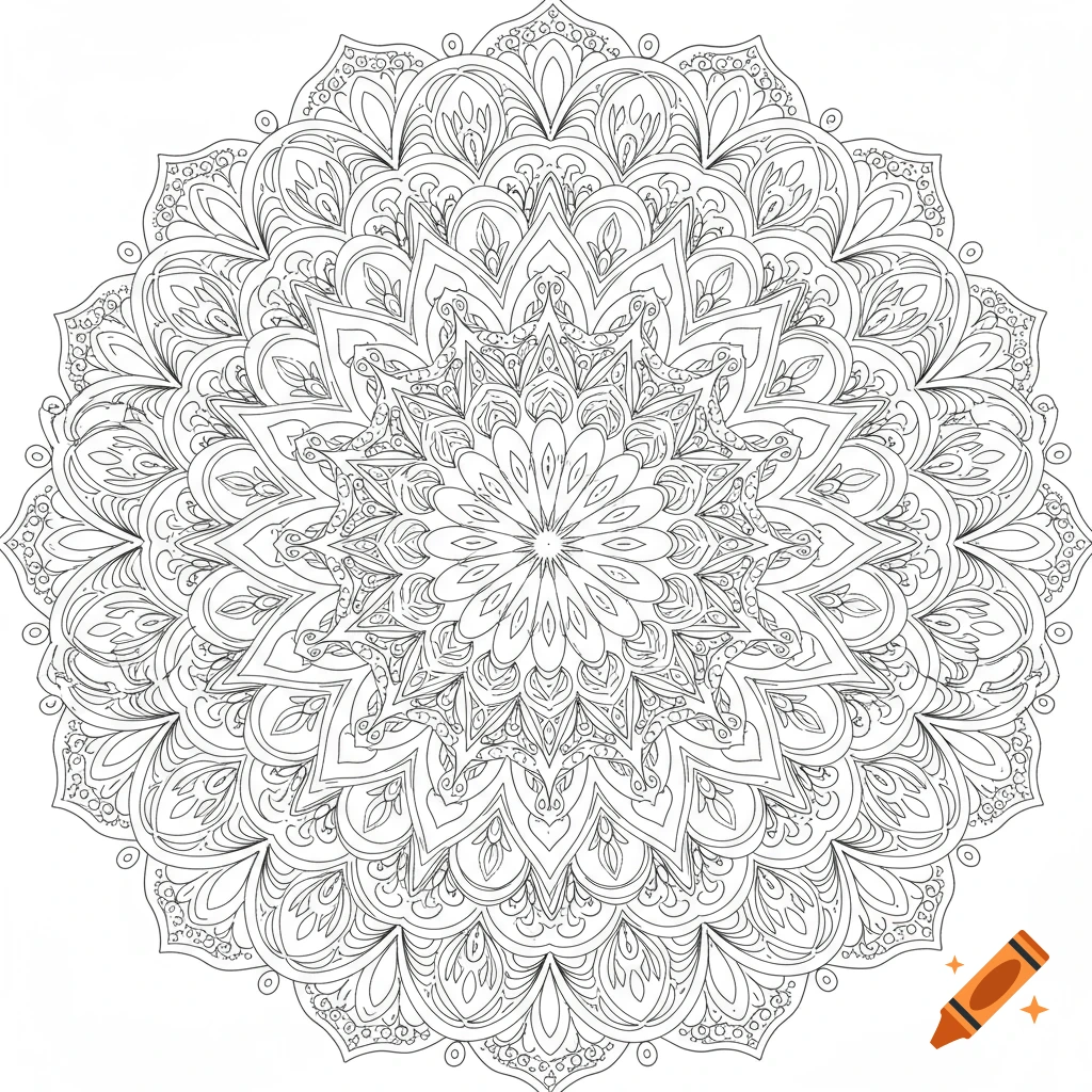 A detailed black-and-white symmetrical mandala coloring page featuring intricate floral and geometric patterns.