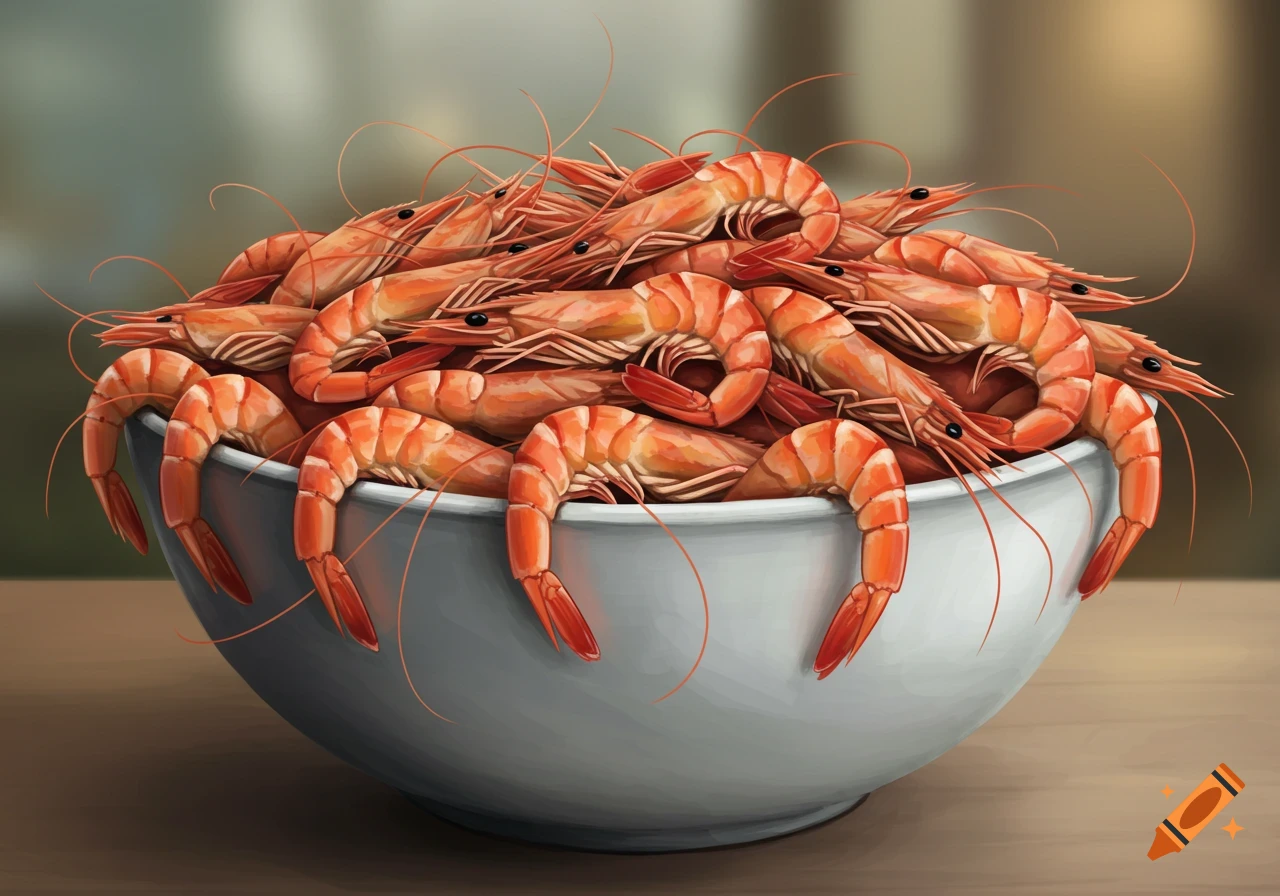 A white bowl overflowing with bright orange cooked shrimp, some draped over the edge, on a wooden surface.