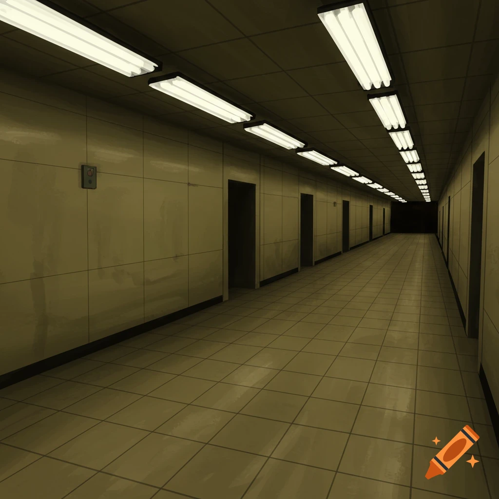 A long, dimly lit hallway with tiled walls and floor, fluorescent lights, and dark doorways receding into the distance.