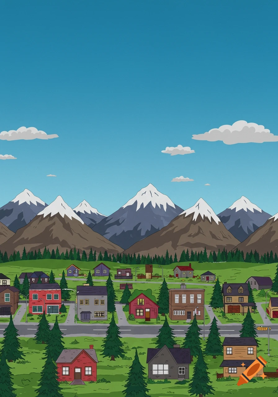 A cartoon landscape featuring a small town with houses and pine trees nestled in a valley, surrounded by green hills and snow-capped mountains under a clear blue sky.