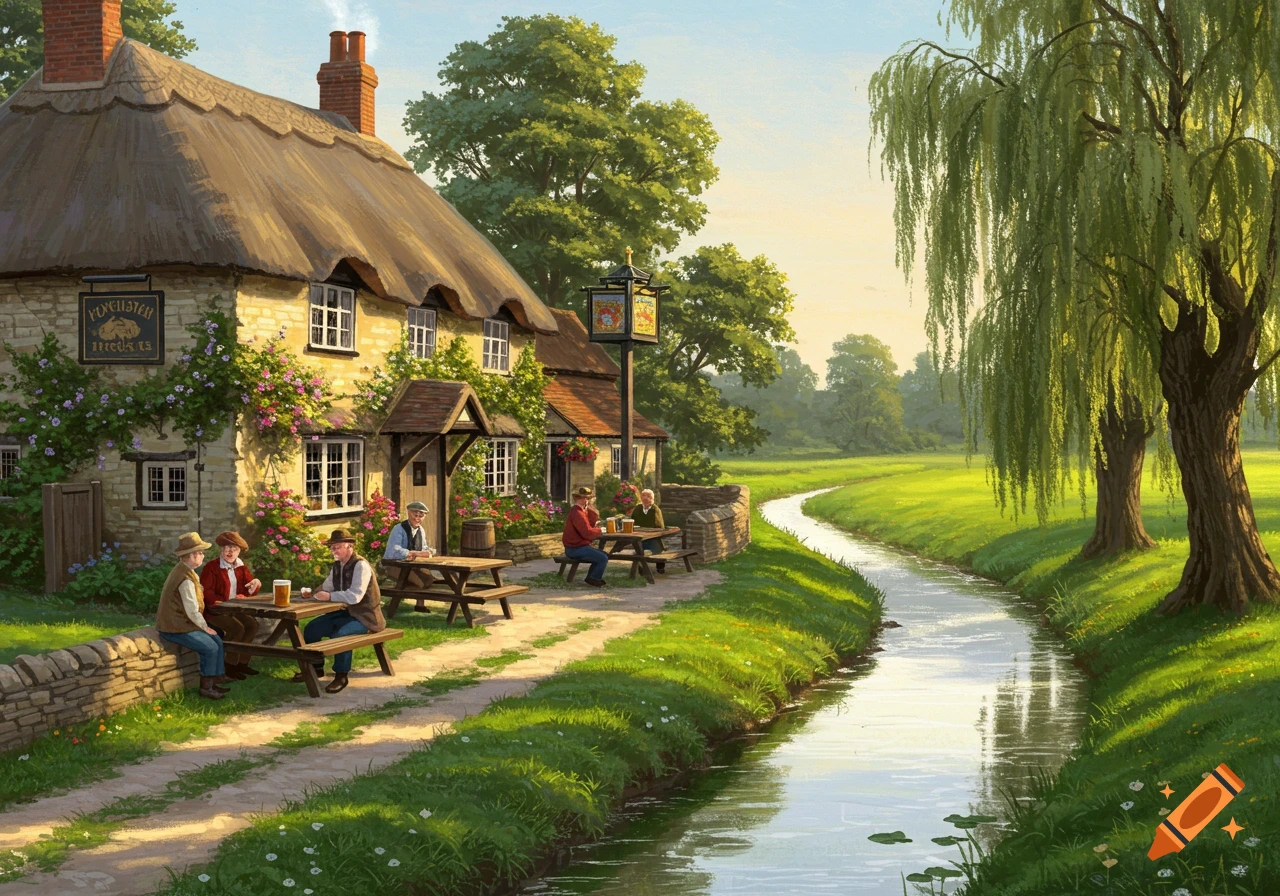 An idyllic painting of a thatched-roof English country pub next to a winding stream, with people seated at outdoor tables.