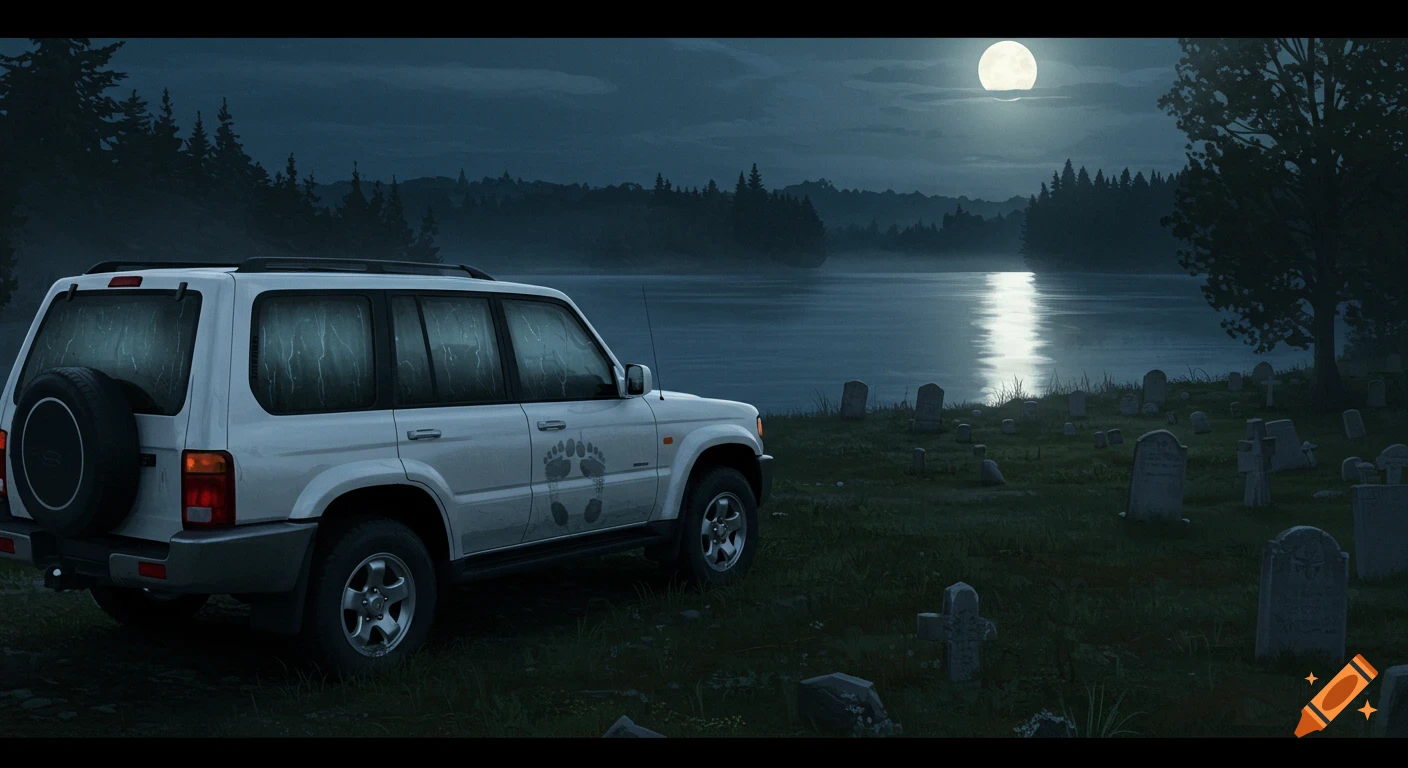 White SUV with paw prints on the side parked by a lake and cemetery under a full moon.