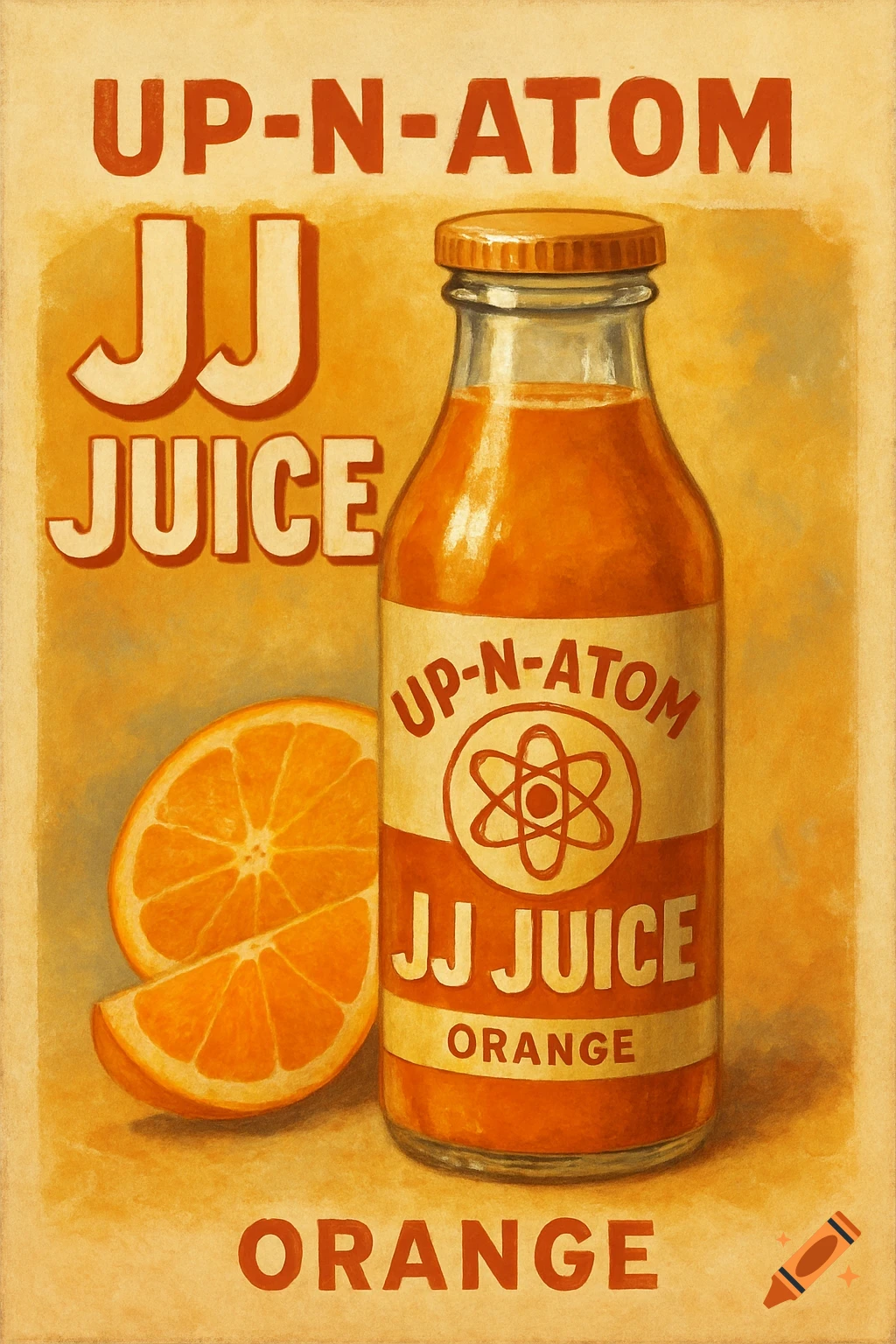 A vintage-style poster advertising Up-N-Atom JJ Juice Orange, featuring a bottle of orange juice and sliced oranges.