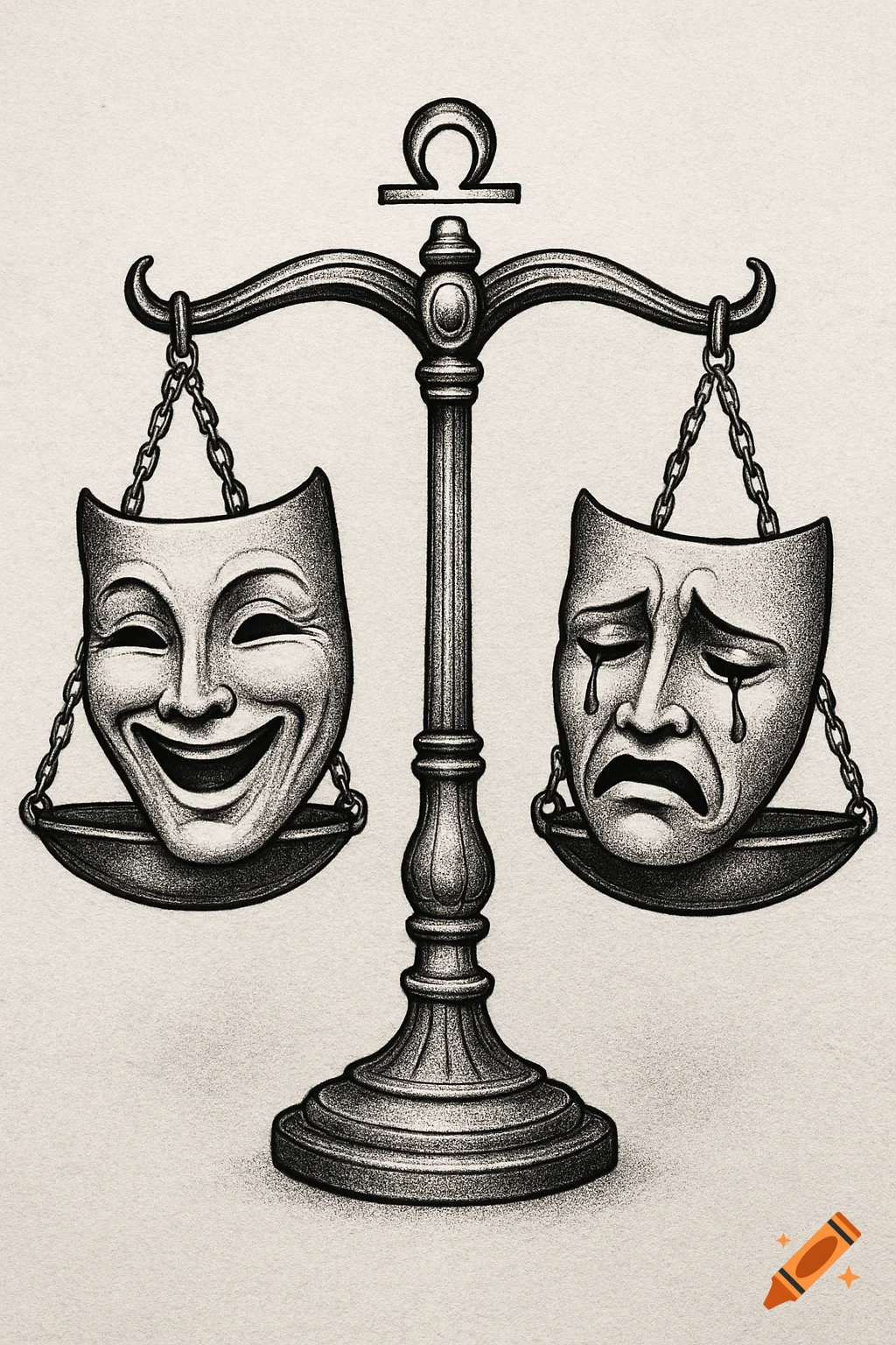 Black and white stipple art of a Libra scale balancing a smiling theatrical mask on one side and a crying theatrical mask on the other.