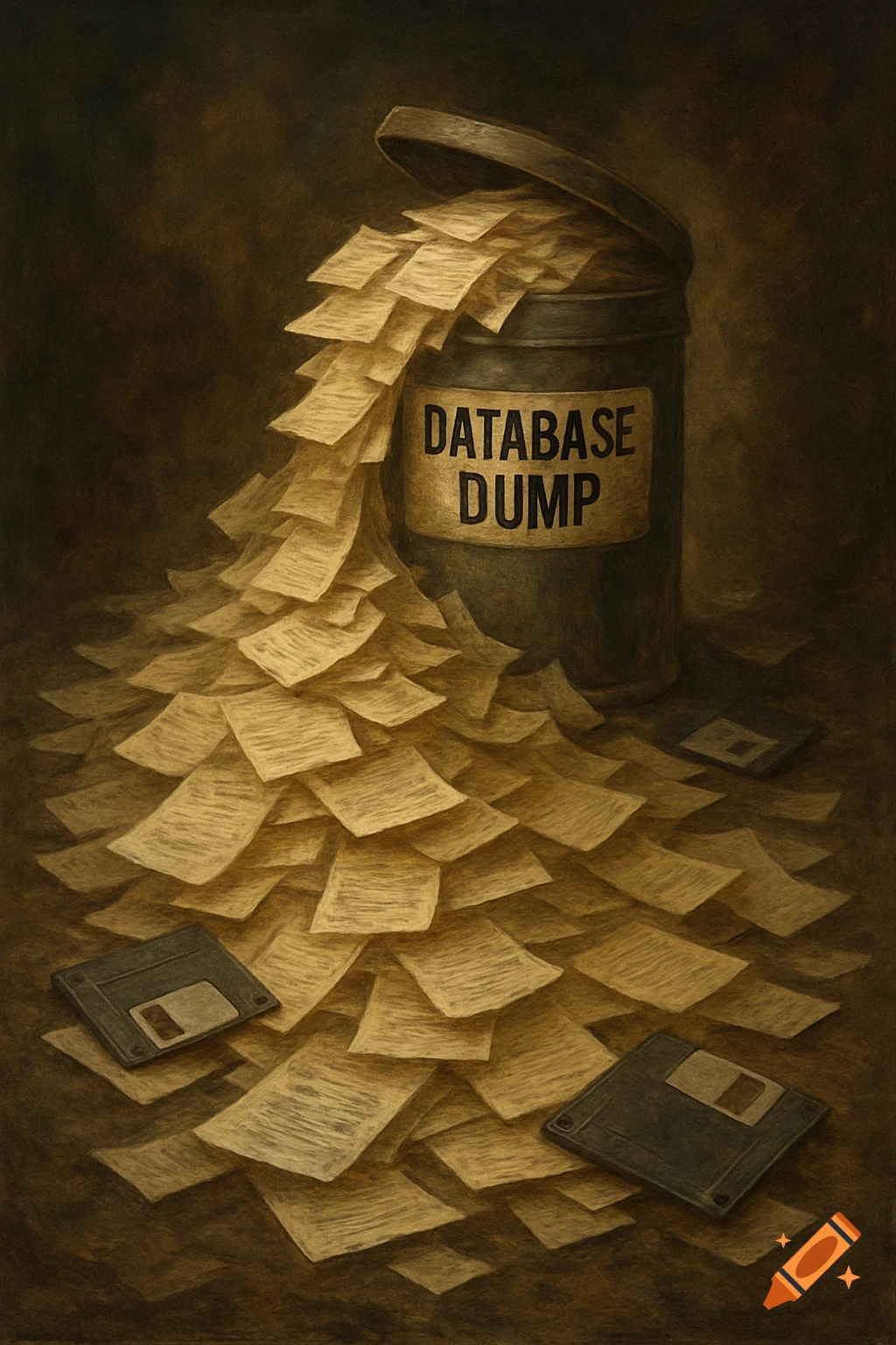 An artistic, dark-toned illustration of a trash can overflowing with crumpled papers, labeled "DATABASE DUMP", with floppy disks scattered on the ground.