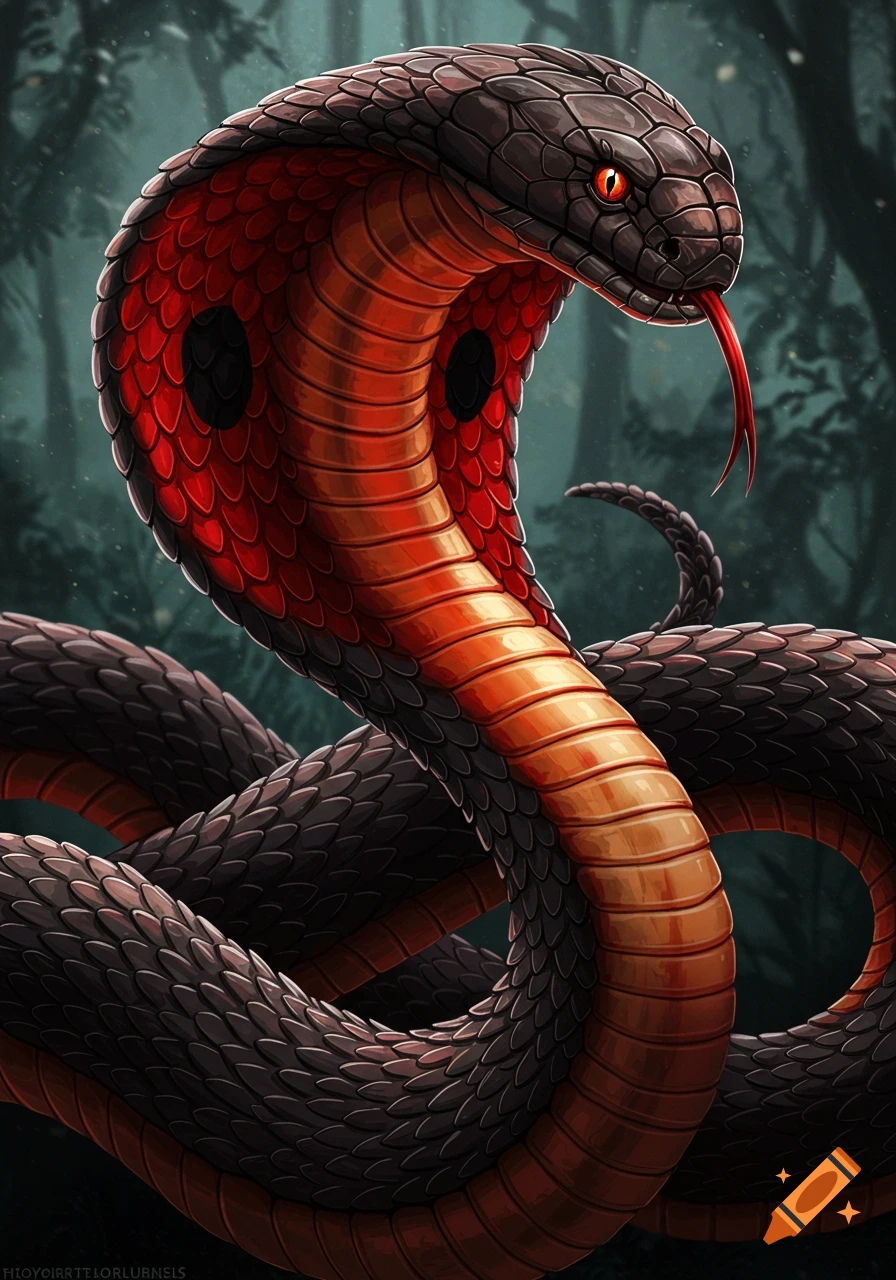 A vibrant black and red cobra with bright orange eyes, hood flared, and tongue flicking, set against a dark, blurry jungle background.