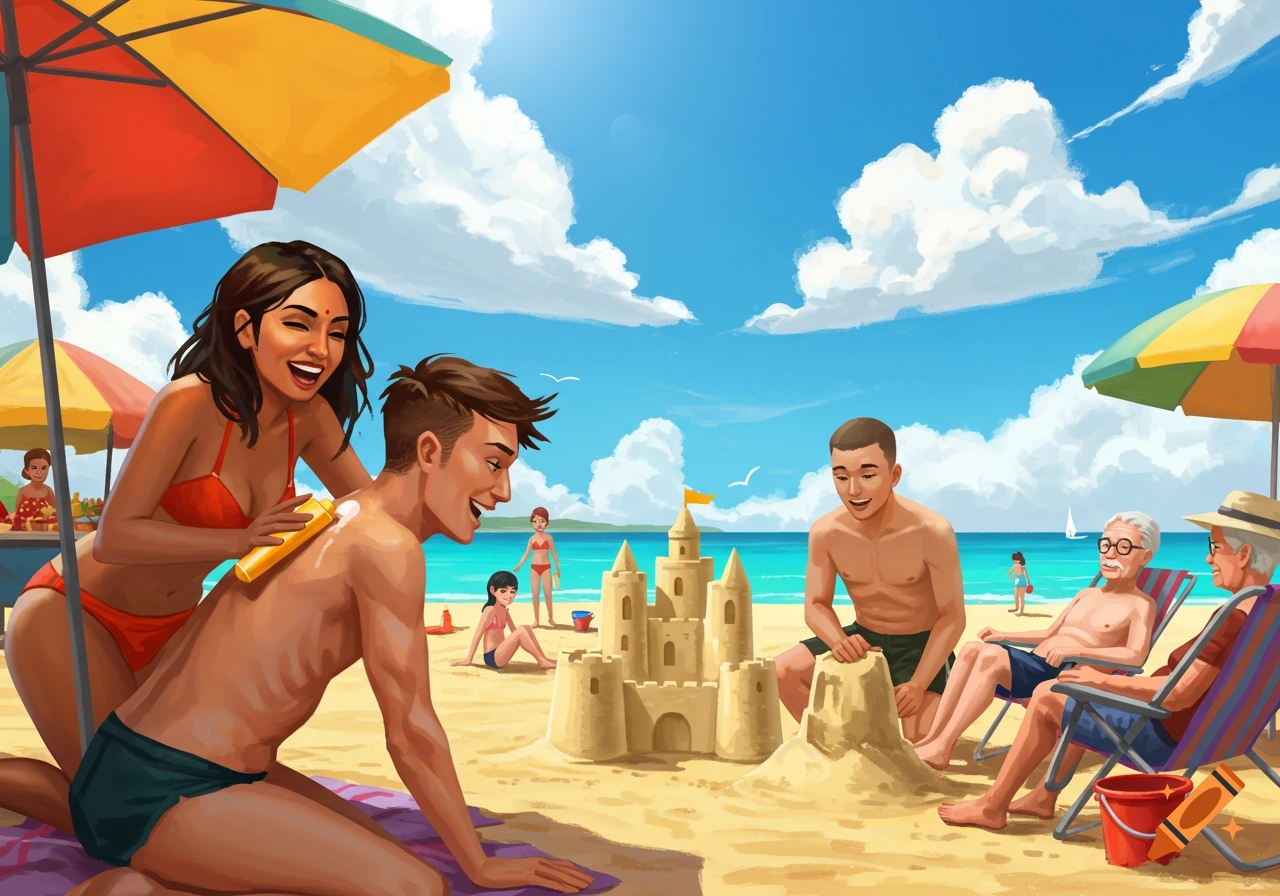 A diverse group of people enjoying a sunny beach day, with some applying sunscreen, building sandcastles, and relaxing under umbrellas.