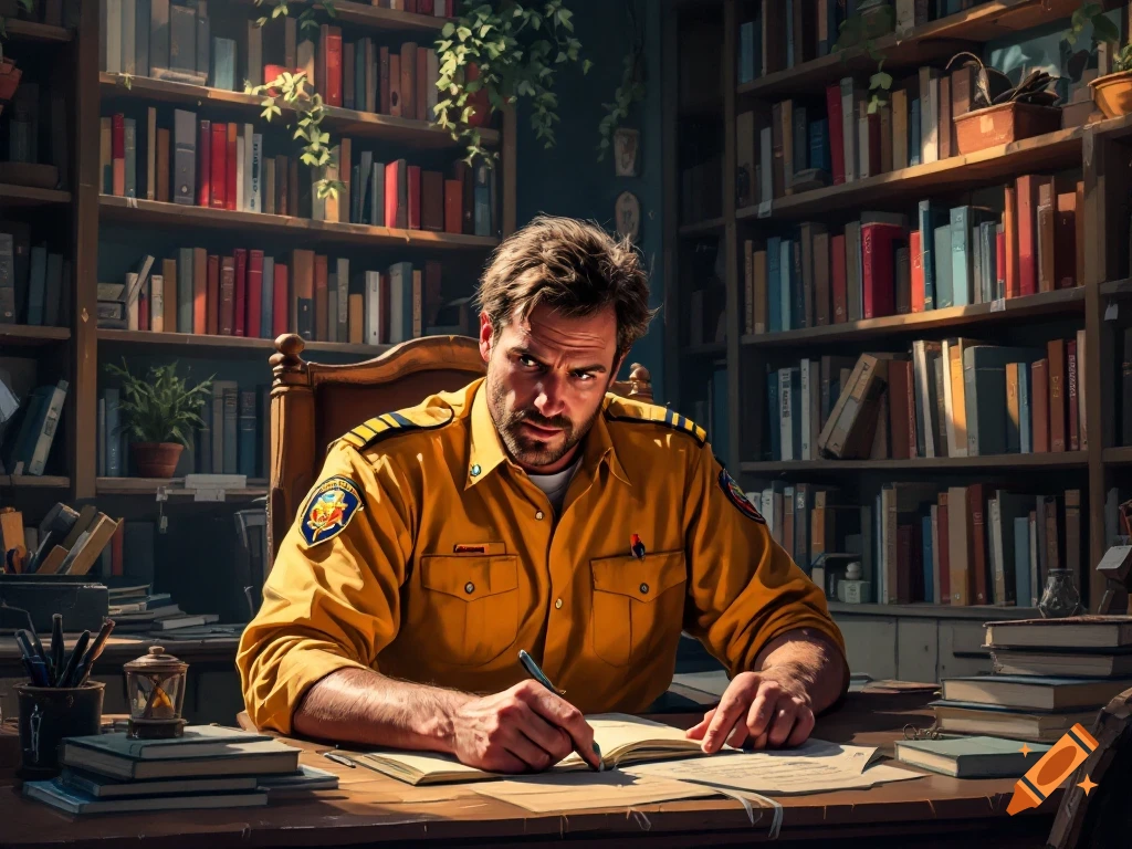 A man resembling Chief Brody from Jaws, wearing a yellow uniform, sits at a wooden desk in a library, writing in a book.
