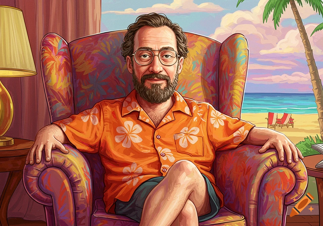 Illustrated portrait of a bearded man with glasses sitting in a floral armchair, overlooking a tropical beach.
