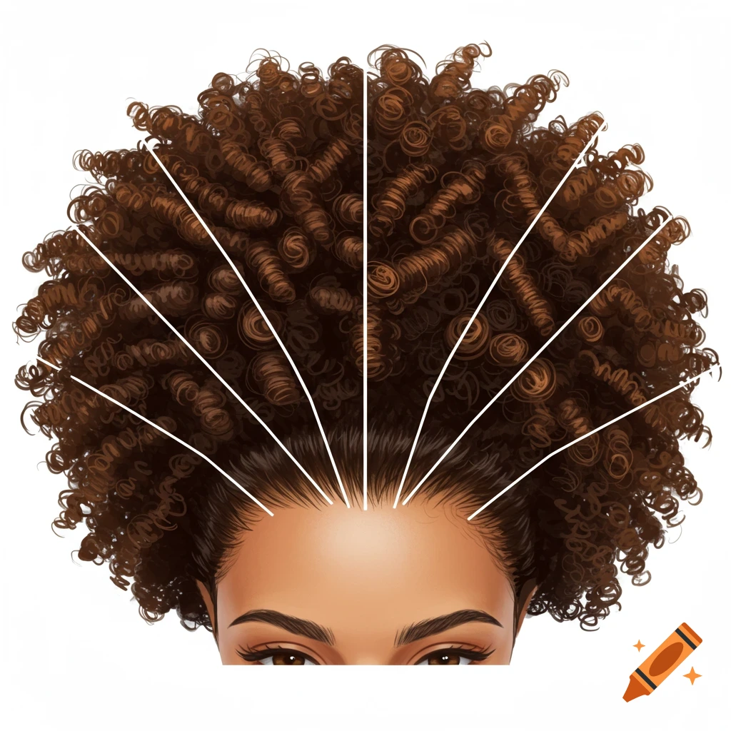 Close-up illustration of a person's head with brown curly hair divided into sections by white lines.