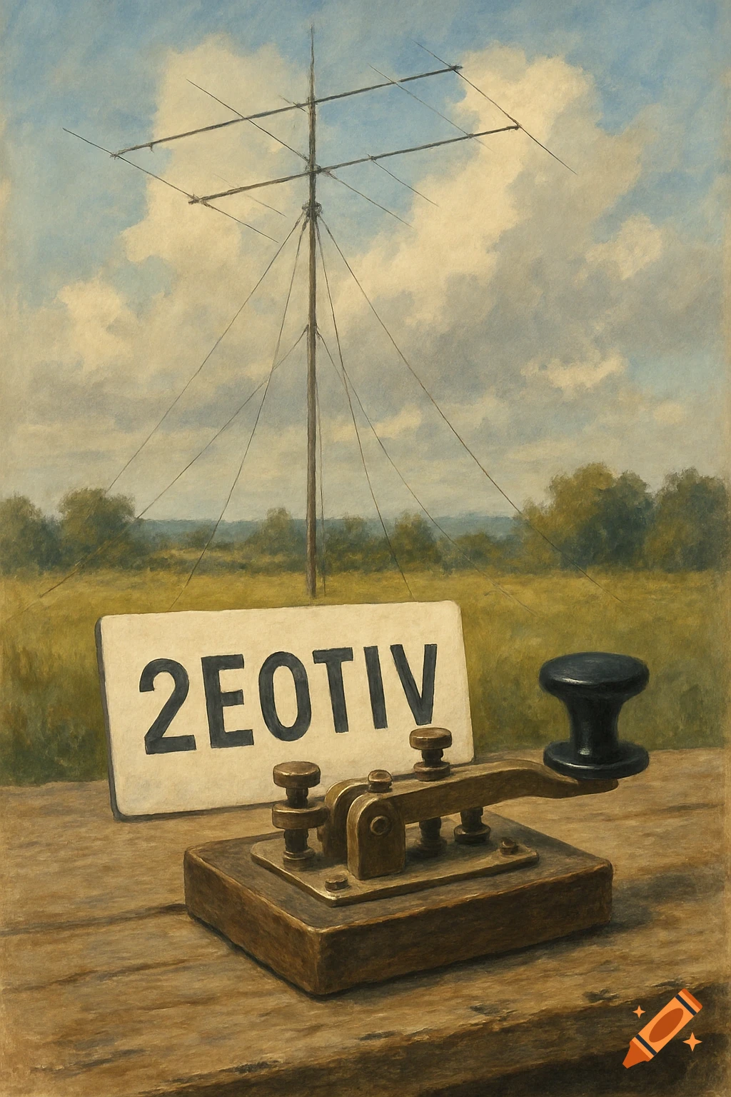 Vintage Morse code key and '2E0TIV' sign on a wooden table in a field with a radio antenna under a cloudy sky, painted.