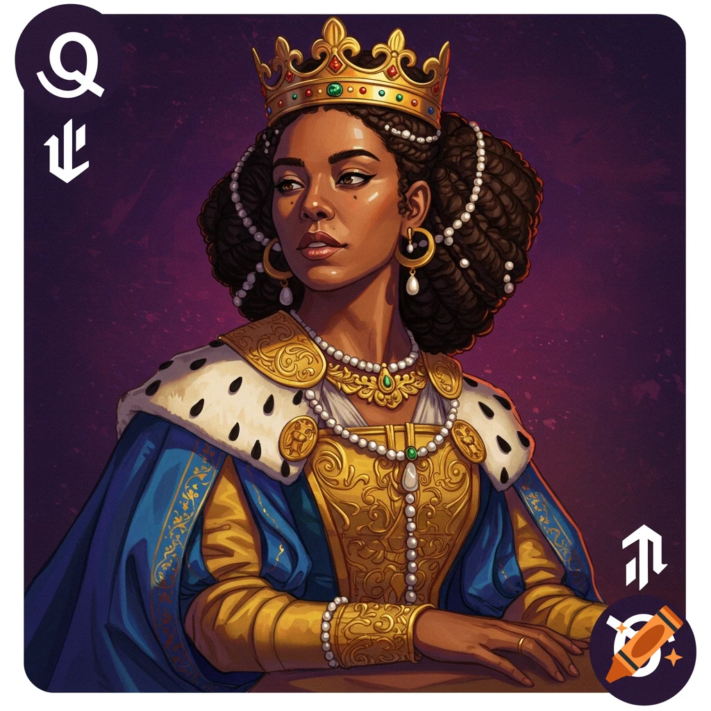 Stylized illustration of an African-American queen in royal attire and a crown, depicted as a playing card.