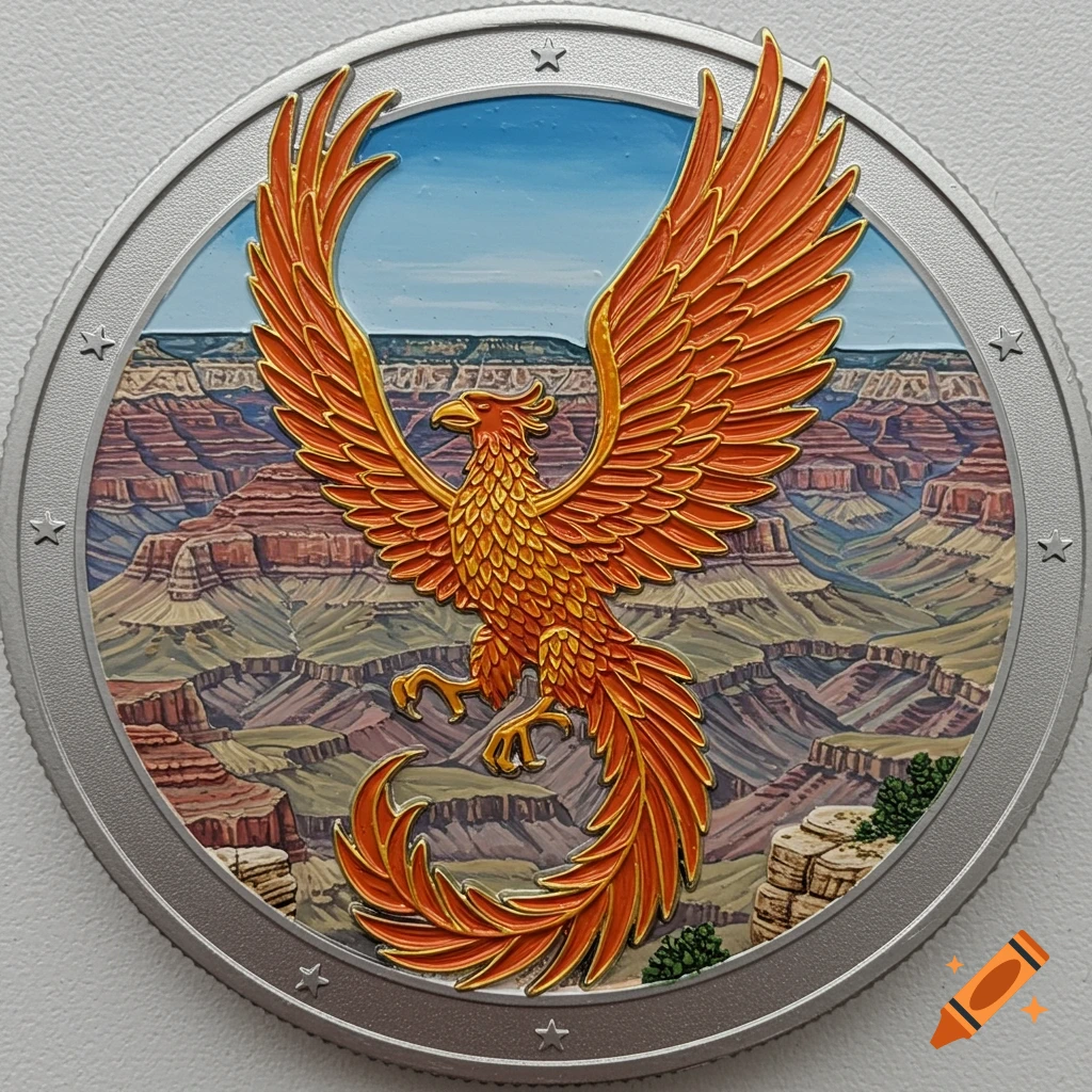A challenge coin featuring a vibrant orange phoenix flying over a detailed Grand Canyon landscape, framed by a silver border with stars.