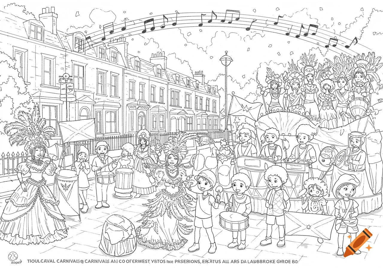 Black and white line art coloring page of a vibrant carnival parade with costumed dancers, musicians with steel drums, and children waving flags in front of London row houses, with music notes and confetti in the sky.