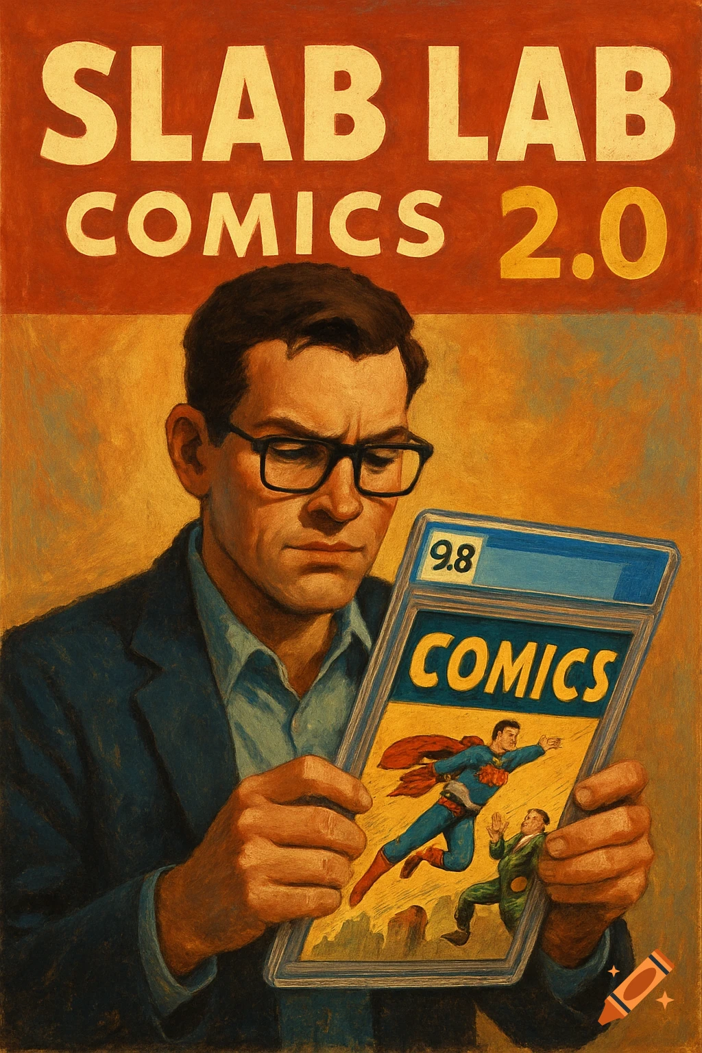 A man in glasses holds a graded comic book with Superman, beneath a 'SLAB LAB COMICS 2.0' banner in a retro art style.
