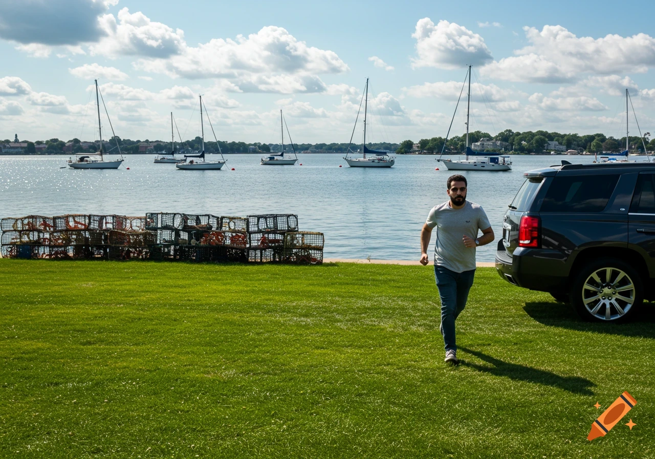 A man runs on a green lawn beside a dark SUV, with sailboats on the water and stacked lobster traps in the foreground under a cloudy sky.