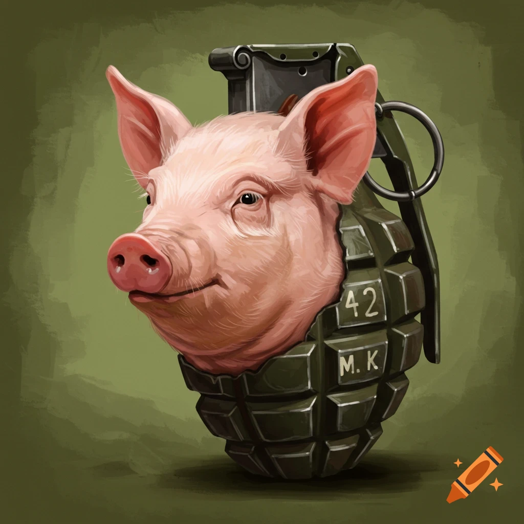 An illustration of a pig's head emerging from a green fragmentation grenade with '42' and 'M. K' markings.