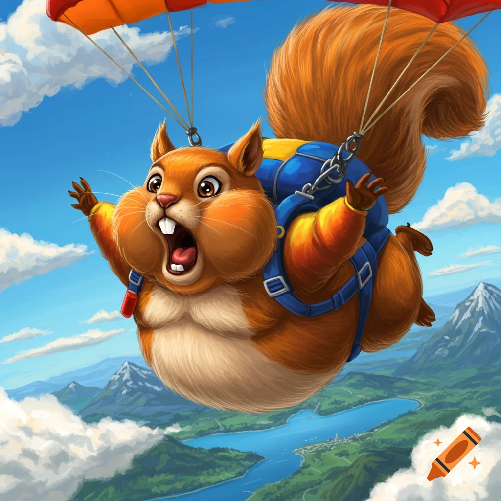 A cartoon squirrel with an open mouth, wearing a blue parachute harness and orange parachute, skydiving over mountains and a lake.