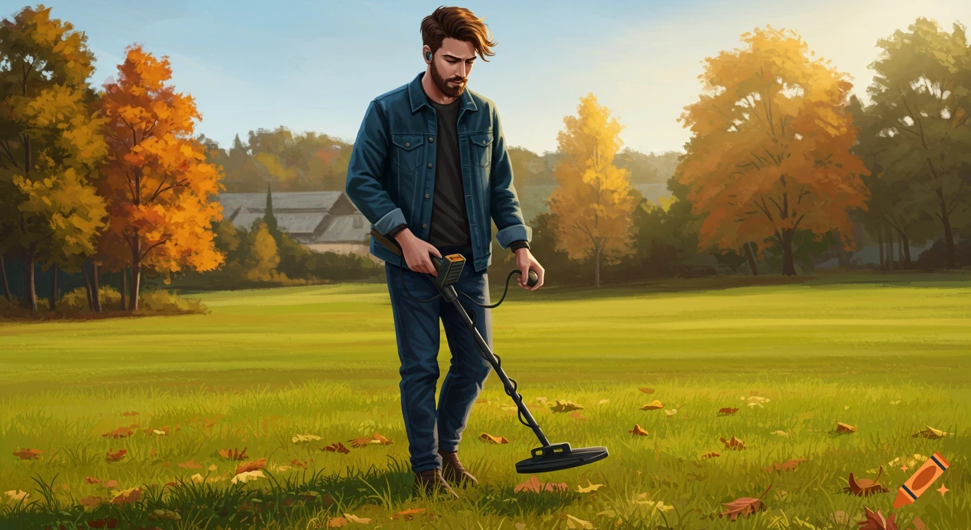 A man with a beard and denim jacket metal detecting in an autumn field.