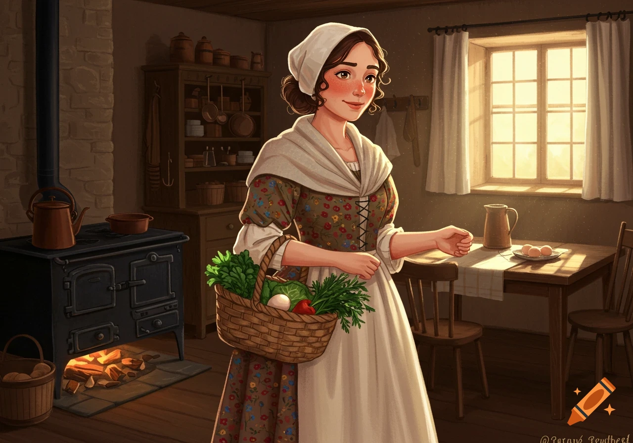 A young woman in a traditional colonial dress and head covering stands in a rustic kitchen, holding a basket of fresh vegetables.