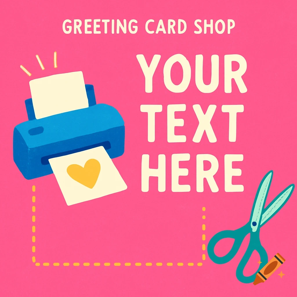 A colorful graphic on a pink background features a blue printer emitting a card with a yellow heart, alongside green scissors and the text "GREETING CARD SHOP" and "YOUR TEXT HERE."