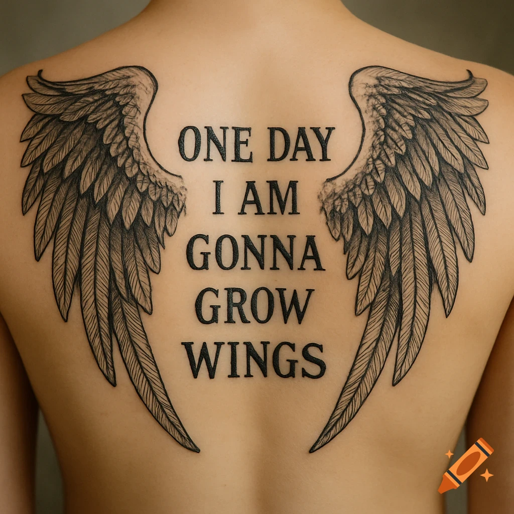 A tattoo of black wings and the text 'One Day I Am Gonna Grow Wings' on a person's back.