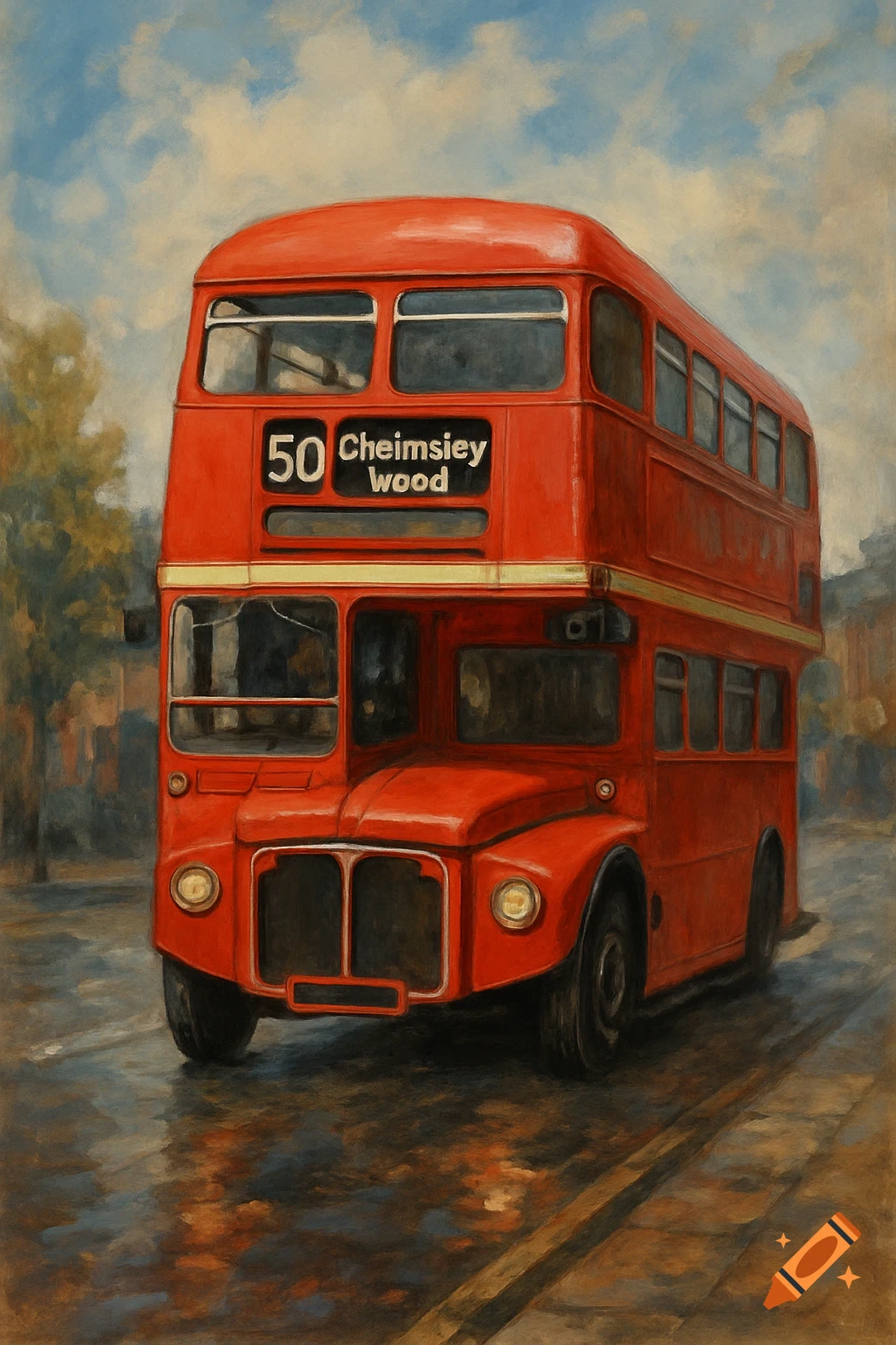 A painterly image of a red London double-decker bus with '50 Cheimsley Wood' on its destination sign, on a wet street.