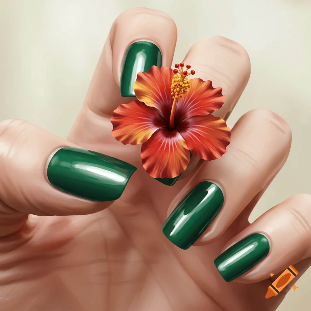 Close-up of a hand with shiny green nail polish holding a vibrant red and orange hibiscus flower.